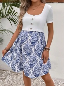 SHEIN Maternity Nursing Floral Print Button Detail Dress - Blue and White - View 4