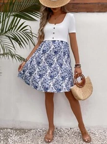 SHEIN Maternity Nursing Floral Print Button Detail Dress - Blue and White - View 6