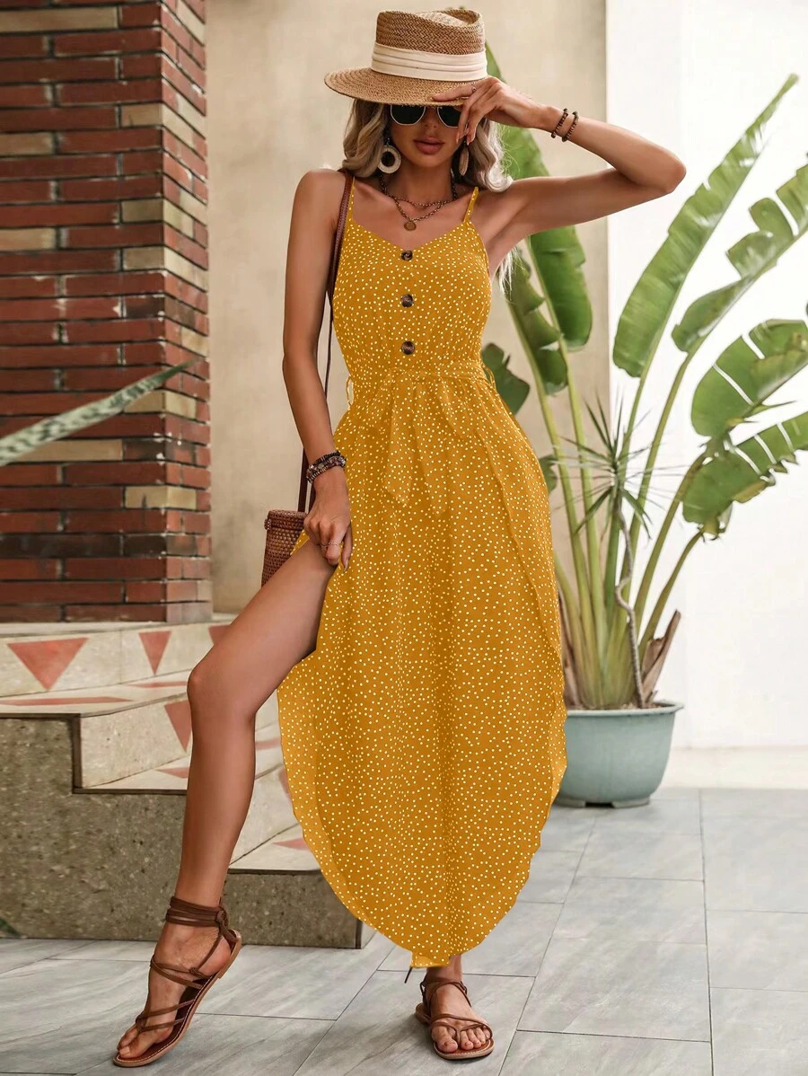 SHEIN VCAY 波點圖案弧形下擺腰帶吊帶連體短褲 - 黃色 - 查看 1