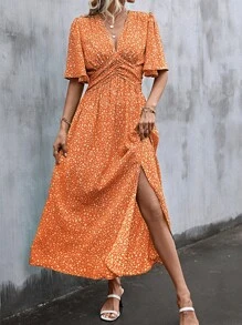 SHEIN LUNE Ditsy Floral Print Split Thigh Dress - Orange - View 1