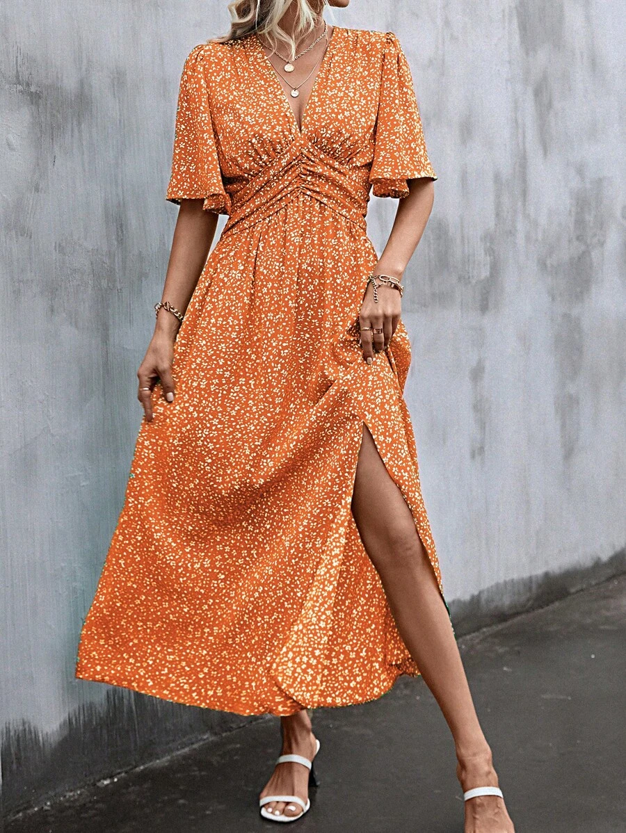 SHEIN LUNE Ditsy Floral Print Split Thigh Dress - Orange - View 1