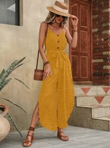 SHEIN VCAY 波點圖案弧形下擺腰帶吊帶連體短褲 - 黃色 - 查看 3