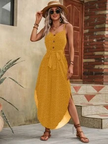 SHEIN VCAY 波點圖案弧形下擺腰帶吊帶連體短褲 - 黃色 - 查看 4