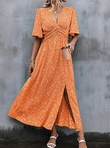 SHEIN LUNE Ditsy Floral Print Split Thigh Dress - Orange - View 4