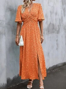 SHEIN LUNE Ditsy Floral Print Split Thigh Dress - Orange - View 6