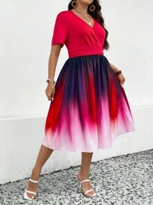 SHEIN Clasi 大碼漸層交疊領洋裝 - 紅色 - 查看 5