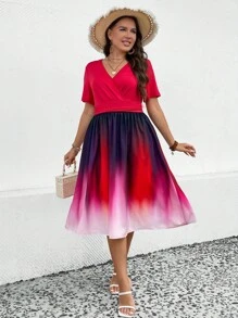 SHEIN Clasi 大碼漸層交疊領洋裝 - 紅色 - 查看 6