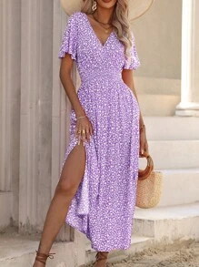 Breezaya Đầm Maxi In Hoa Bướm Tay Lửng Xẻ Đùi Cho Nữ Đi Nghỉ Biển - Màu tím - Xem 1