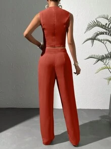 Chiquease Solid Button Front Vest Blazer & Wide Leg Pants - Redwood - View 2