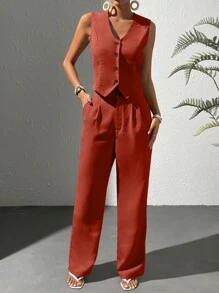 Chiquease Solid Button Front Vest Blazer & Wide Leg Pants - Redwood - View 3