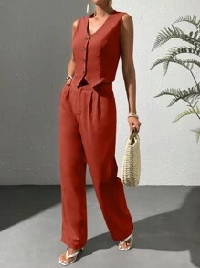 Chiquease Solid Button Front Vest Blazer & Wide Leg Pants - Redwood - View 4