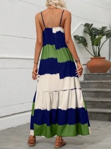 SHEIN VCAY Khối màu Xù Hoa Sen Váy Dây - Màu xanh hải quân - Xem 2