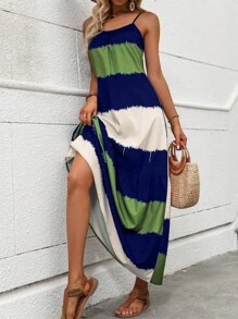 SHEIN VCAY Khối màu Xù Hoa Sen Váy Dây - Màu xanh hải quân - Xem 5