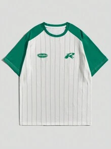 ROMWE MEN Prep Guys Striped & Letter Graphic Raglan Sleeve Tee - Multicolor - View 1