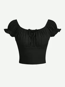 SHEIN Teen Girls Ruched Bust Tie Front Frill Trim Puff Sleeve Tee