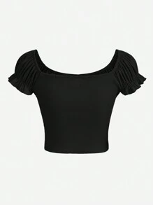 SHEIN Teen Girls Ruched Bust Tie Front Frill Trim Puff Sleeve Tee