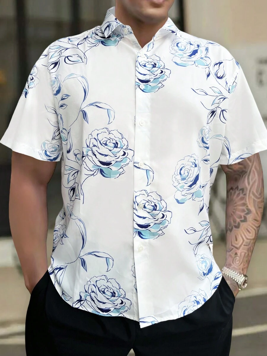 Manfinity Homme Men Floral Print Shirt Without Tee - White - View 1