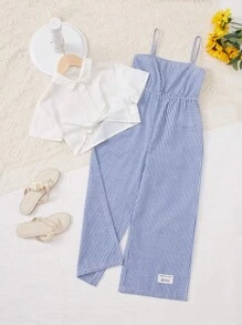 SHEIN Bộ hai mảnh Gái Đắp vá Nút phía trước Lá thư Sọc Giải trí - Màu xanh lam - Xem 1