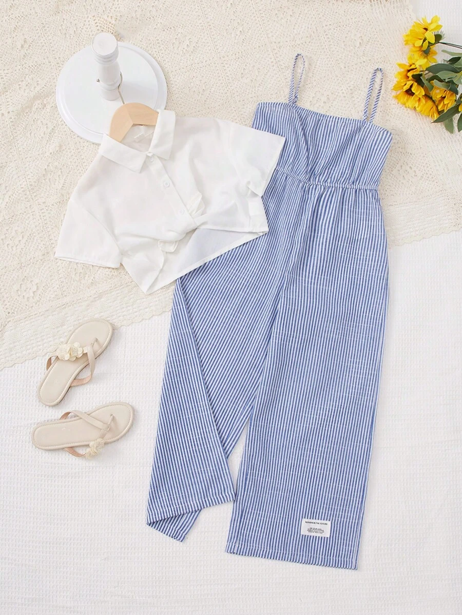 SHEIN Bộ hai mảnh Gái Đắp vá Nút phía trước Lá thư Sọc Giải trí - Màu xanh lam - Xem 1