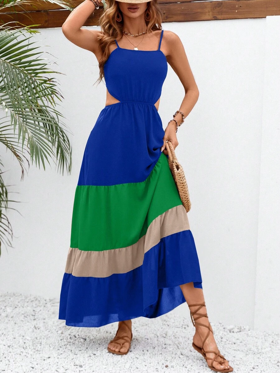 SHEIN VCAY Colourblock Cut Out Waist Ruffle Hem Cami Dress - Multicolor - View 1