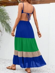 SHEIN VCAY Colourblock Cut Out Waist Ruffle Hem Cami Dress - Multicolor - View 2