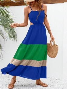 SHEIN VCAY Colourblock Cut Out Waist Ruffle Hem Cami Dress - Multicolor - View 3