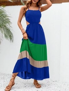 SHEIN VCAY Colourblock Cut Out Waist Ruffle Hem Cami Dress - Multicolor - View 4