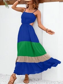 SHEIN VCAY Colourblock Cut Out Waist Ruffle Hem Cami Dress - Multicolor - View 5
