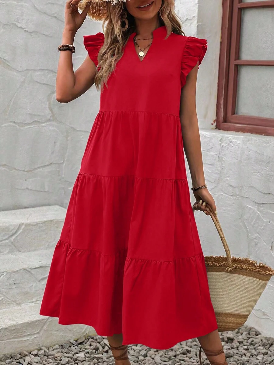 EMERY ROSE Notched Neckline Ruffle Trim Smock Dress For New Year Clothes Maxi Vacation Beach Outfits Women - Red - View 1