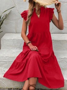 EMERY ROSE Notched Neckline Ruffle Trim Smock Dress For New Year Clothes Maxi Vacation Beach Outfits Women - Red - View 3