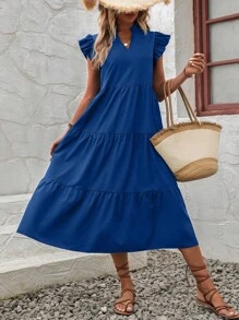 EMERY ROSE Notched Neckline Ruffle Trim Smock Dress Maxi Vacation Beach Outfits Women