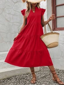 EMERY ROSE Notched Neckline Ruffle Trim Smock Dress For New Year Clothes Maxi Vacation Beach Outfits Women - Red - View 4