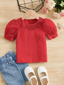 SHEIN Camiseta De Manga Abullonada Con Malla De Contraste Y Bordado De Ojales Para Niñas Jóvenes