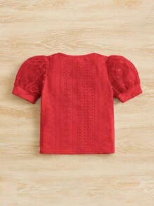 SHEIN Camiseta De Manga Abullonada Con Malla De Contraste Y Bordado De Ojales Para Niñas Jóvenes