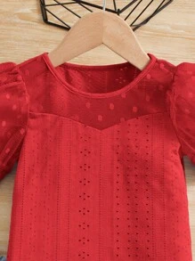 SHEIN Camiseta De Manga Abullonada Con Malla De Contraste Y Bordado De Ojales Para Niñas Jóvenes