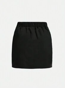 SHEIN Girlism 少女纯色工装口袋短款休闲迷你裙 - 黑色 - 查看 2