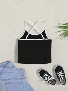 SHEIN 小女童撞色滾邊後背十字交叉吊帶上衣 - 黑色 - 查看 2