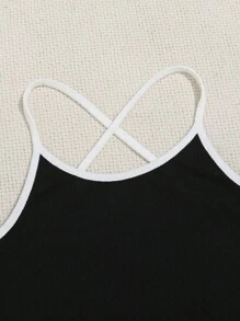 SHEIN 小女童撞色滾邊後背十字交叉吊帶上衣 - 黑色 - 查看 4