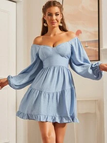 S BETRO Off Shoulder Lantern Sleeve Ruffle Hem Dress - Baby Blue - View 3