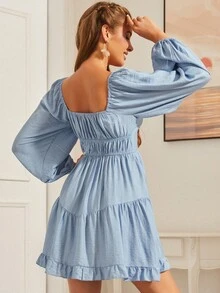 S BETRO Off Shoulder Lantern Sleeve Ruffle Hem Dress - Baby Blue - View 2