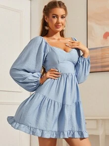 S BETRO Off Shoulder Lantern Sleeve Ruffle Hem Dress - Baby Blue - View 4
