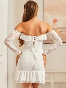 S BETRO Off Shoulder Ruffle Trim Lace Dress - White - View 2