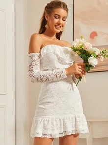 S BETRO Off Shoulder Ruffle Trim Lace Dress - White - View 4