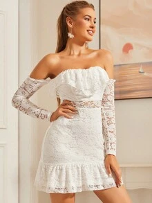 S BETRO Off Shoulder Ruffle Trim Lace Dress - White - View 7