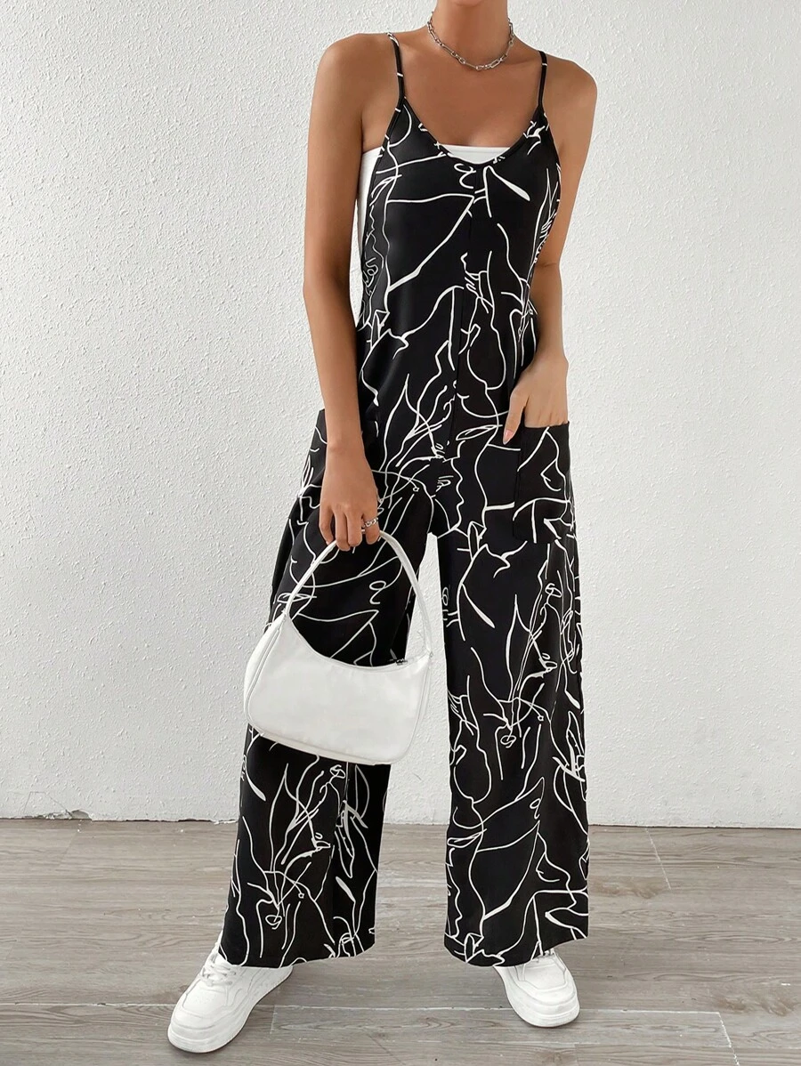 SHEIN VCAY 圖案印花口袋貼布吊帶連體褲不附抹胸 - 黑色 - 查看 1