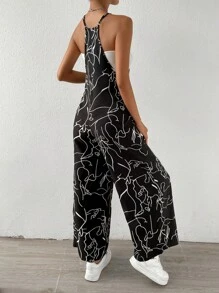 SHEIN VCAY 圖案印花口袋貼布吊帶連體褲不附抹胸 - 黑色 - 查看 2