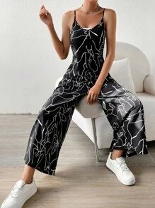 SHEIN VCAY 圖案印花口袋貼布吊帶連體褲不附抹胸 - 黑色 - 查看 3