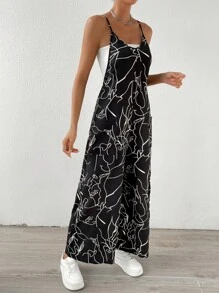 SHEIN VCAY 圖案印花口袋貼布吊帶連體褲不附抹胸 - 黑色 - 查看 4