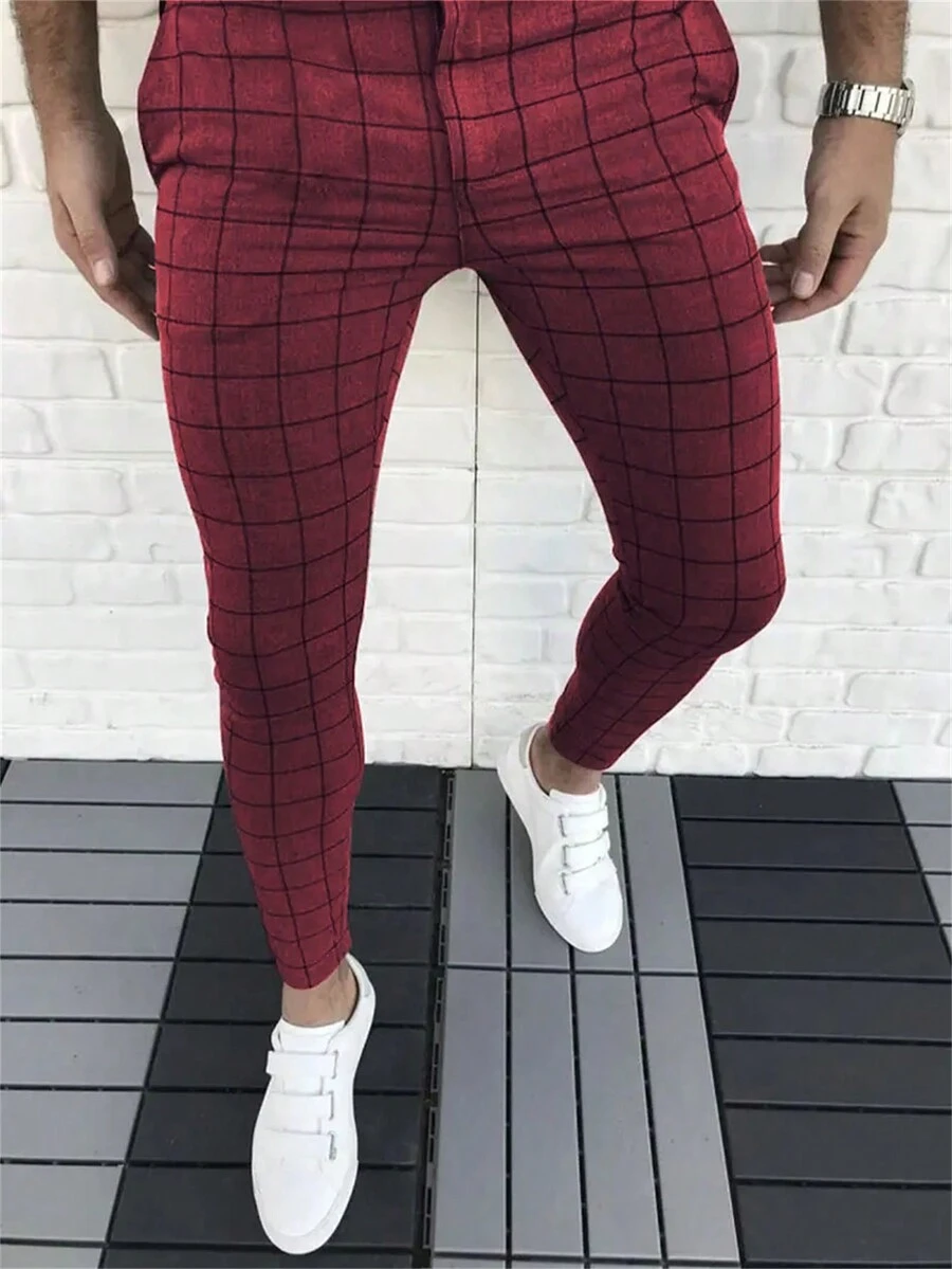 Men Plaid Print Slant Pocket Suit Trousers - Burgundy - View 1