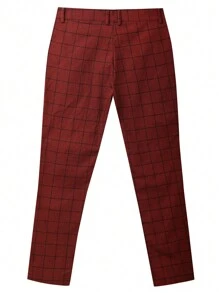 Men Plaid Print Slant Pocket Suit Trousers - Burgundy - View 2